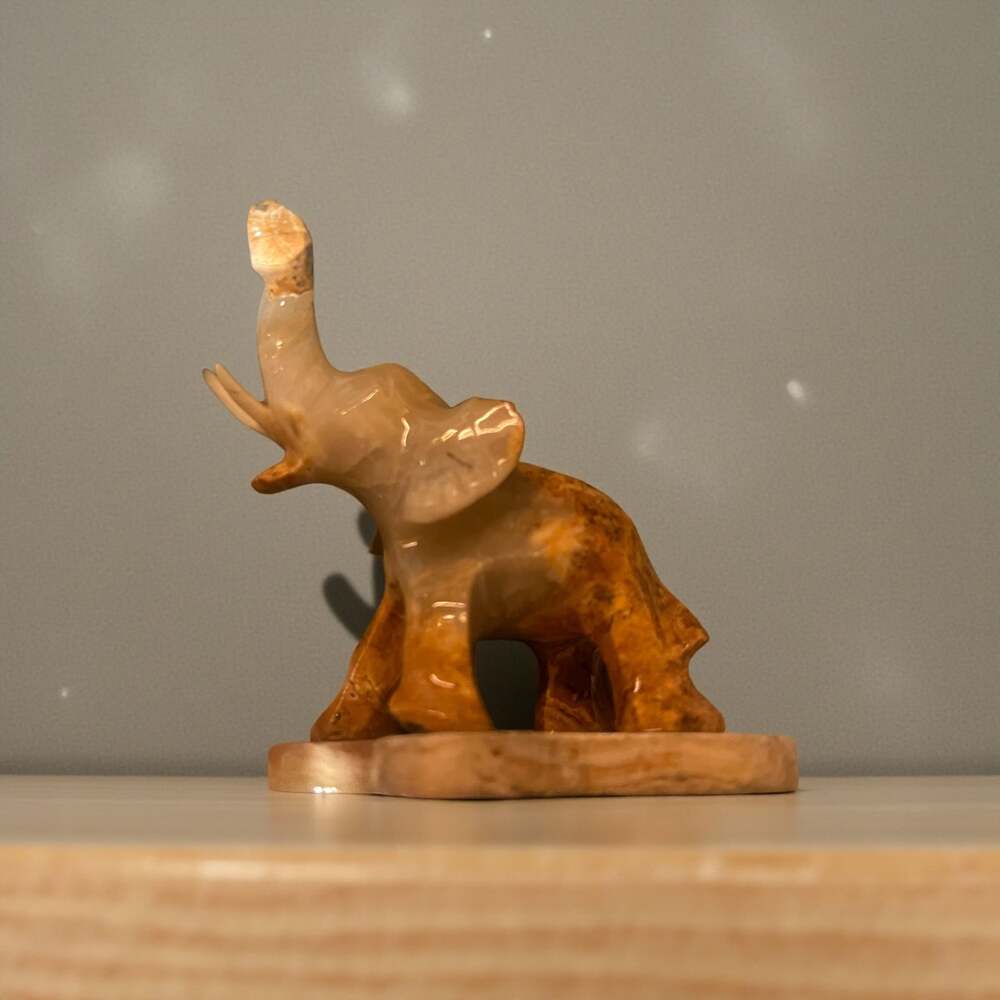 Hand Carved Onyx Stone Elephant Figurine Trunk Up Good Luck Marbled Brown Tan